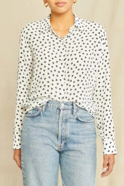 Bixby Washable Silk Blouse - Heart Ivory Navy Print