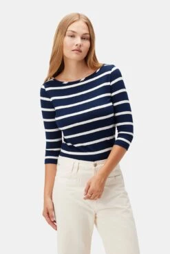 Francoise 3/4 Sleeve Dream Knit Tee - Ivory Navy Rugby Stripe