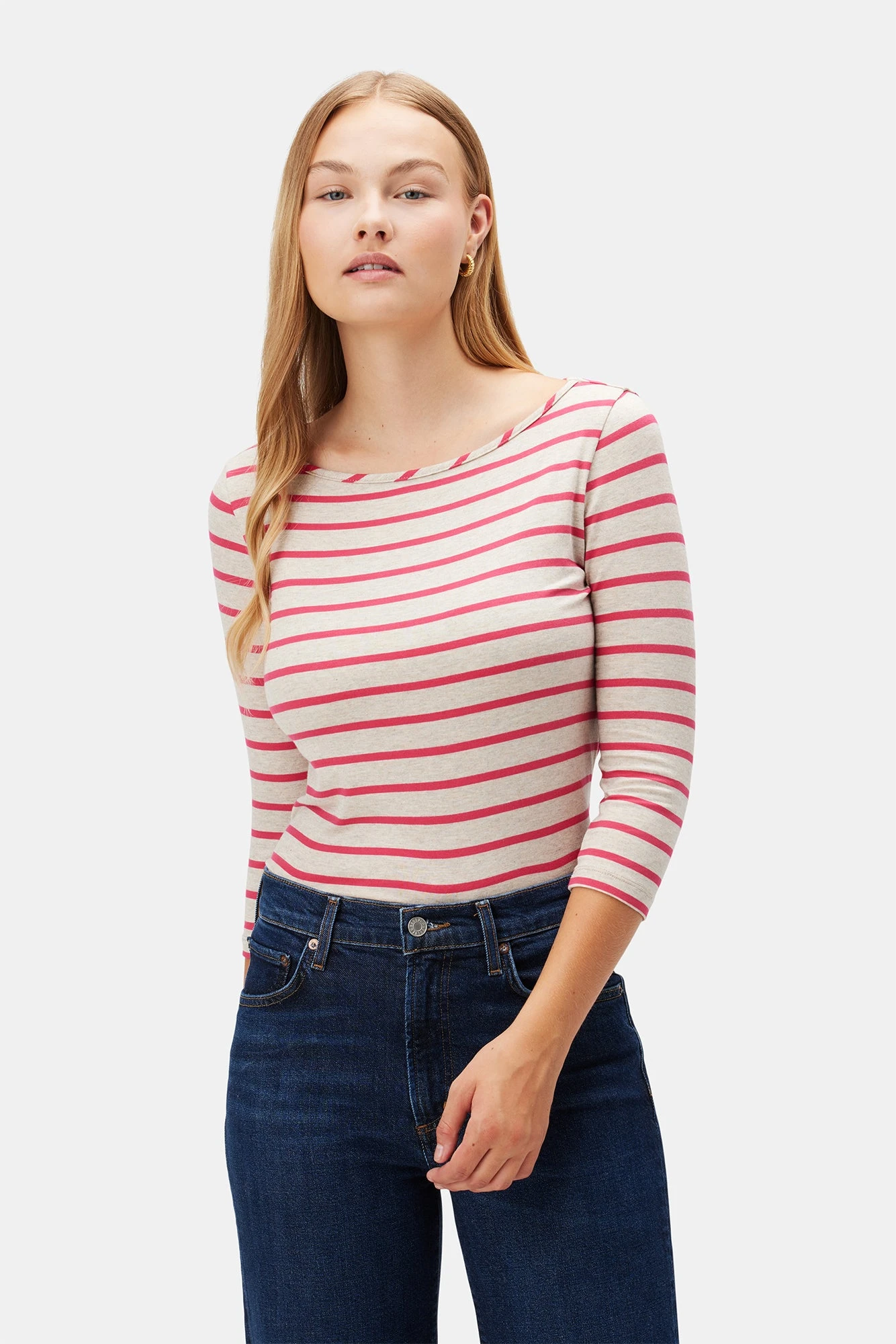 Francoise 3/4 Sleeve Dream Knit Tee - Raspberry Stripe 1 Francoise 3/4 Sleeve Dream Knit Tee - Raspberry Stripe
