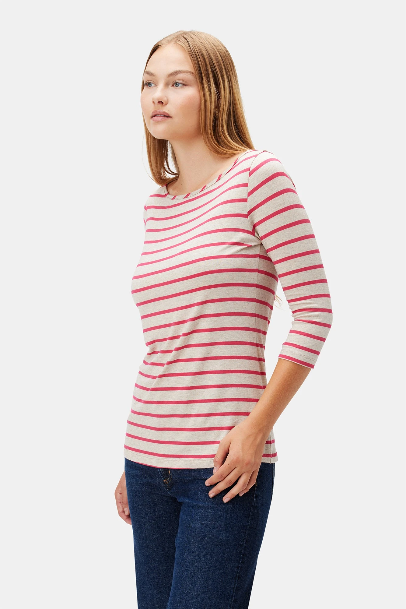 Francoise 3/4 Sleeve Dream Knit Tee - Raspberry Stripe 2 Francoise 3/4 Sleeve Dream Knit Tee - Raspberry Stripe - Image 2