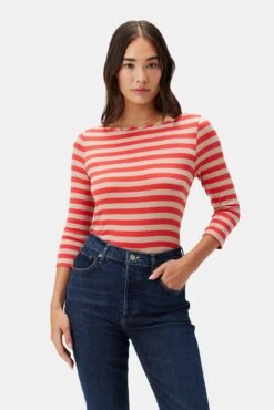 Francoise 3/4 Sleeve Dream Knit Tee - Tangerine Stripe