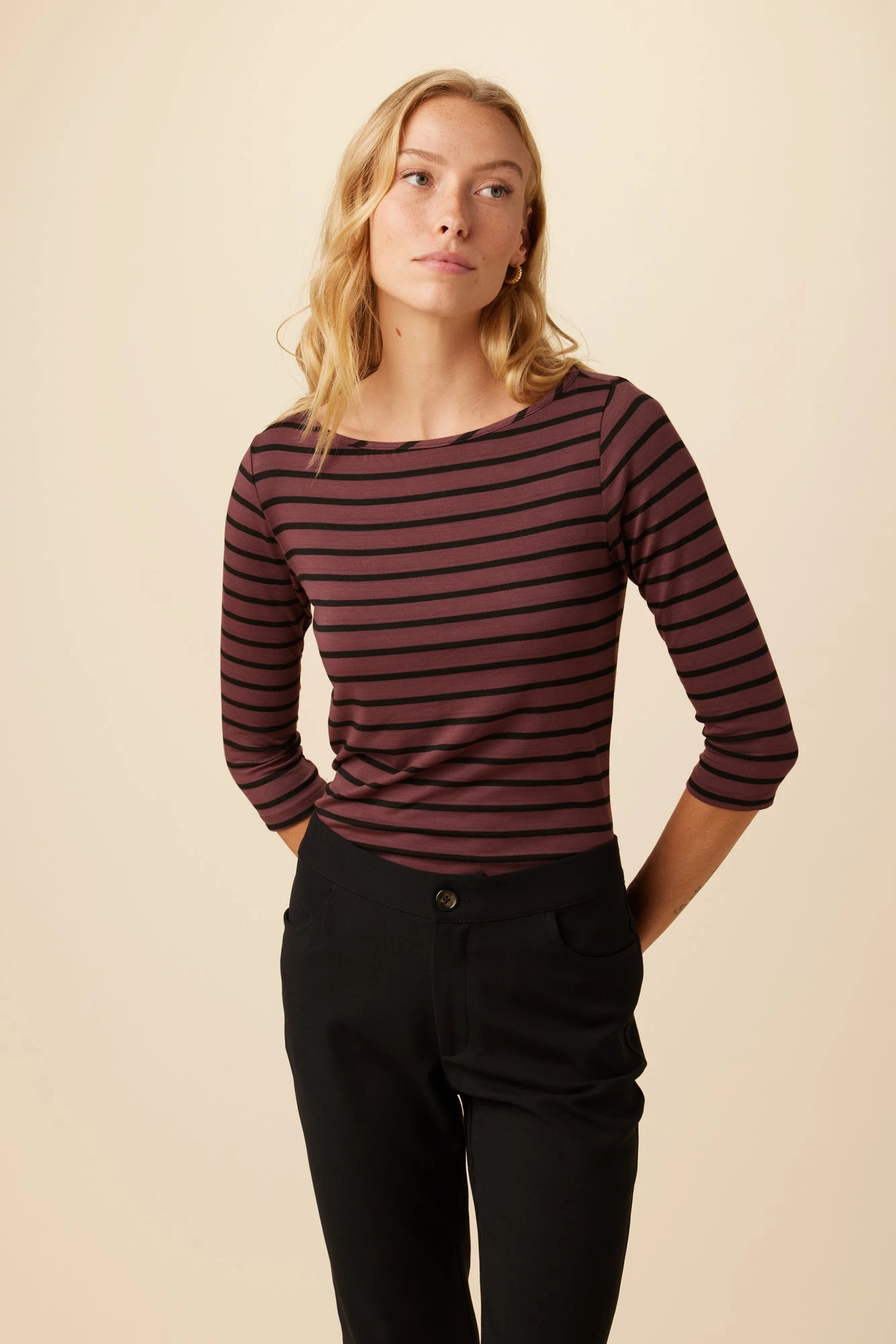 Francoise 3/4 Sleeve Dream Knit Tee - Maple Black Stripe 1 Francoise 3/4 Sleeve Dream Knit Tee - Maple Black Stripe