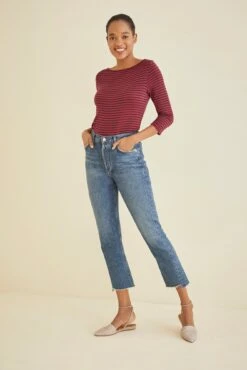 Francoise 3/4 Sleeve Dream Knit Tee - Barn Red Navy -AGOLDE Shop 1005 3Q Slv Francoise Barn Red Navy 1589 web