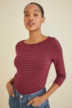 Francoise 3/4 Sleeve Dream Knit Tee - Barn Red Navy