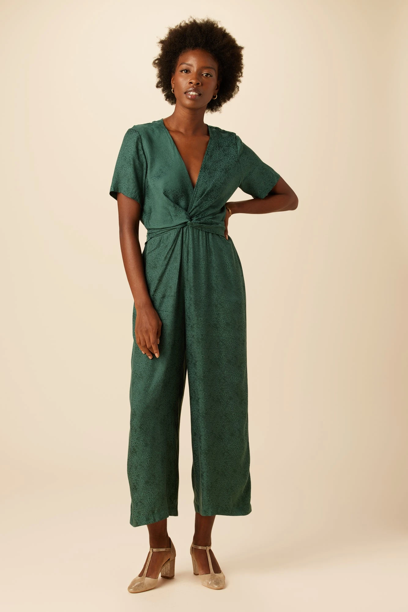 Fantasia Cupro Viscose Jacquard Jumpsuit - Darkest Spruce 1 Fantasia Cupro Viscose Jacquard Jumpsuit - Darkest Spruce