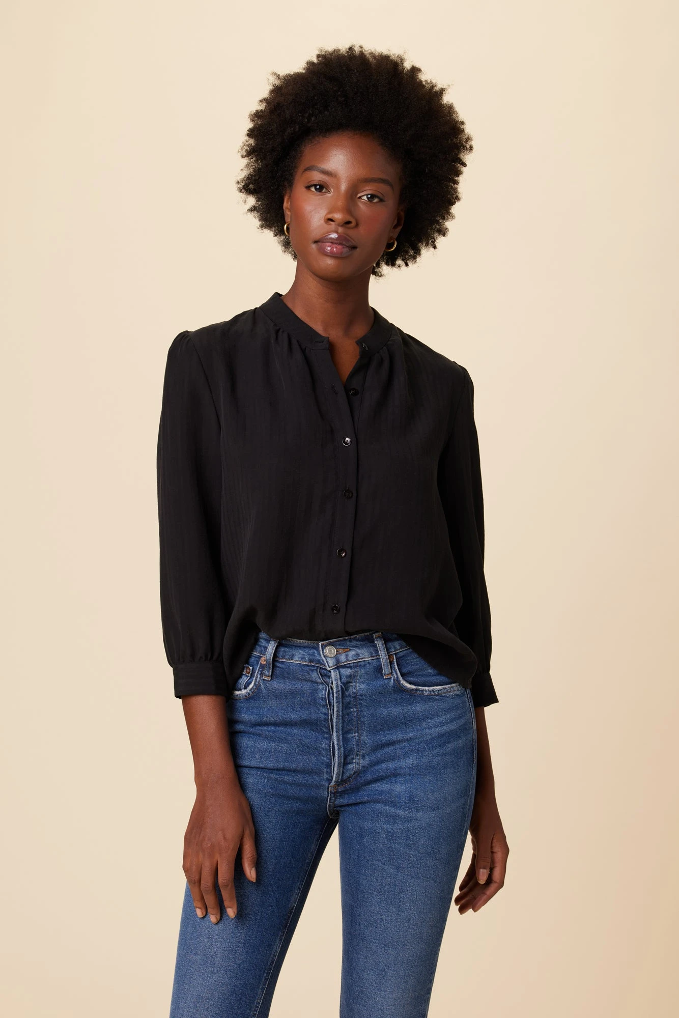 Charlotte 3/4 Sleeve Tencel Blouse - Black 1 Charlotte 3/4 Sleeve Tencel Blouse - Black
