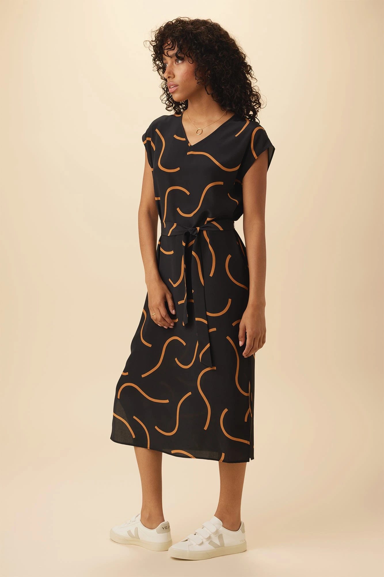 Cindra Washable Silk Midi Dress - Waves Caramel 2 Cindra Washable Silk Midi Dress - Waves Caramel - Image 2
