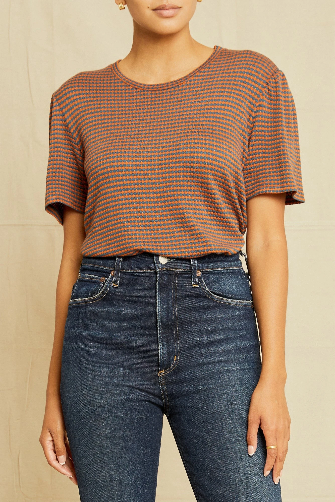 Odilia Scallop Knit Tee - Azure Umber Stripe 1 Odilia Scallop Knit Tee - Azure Umber Stripe