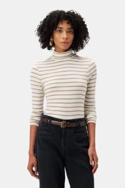 Flannery Dream Knit Turtle Neck - Ivory Camel Stripe