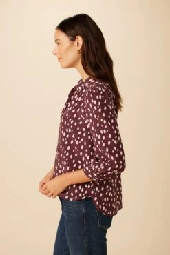 Charlotte 3/4 Sleeve Washable Silk Blouse - Pebble Dot Plum -AGOLDE Shop 26 10140 Charlotte Silk Plum Ivory 2