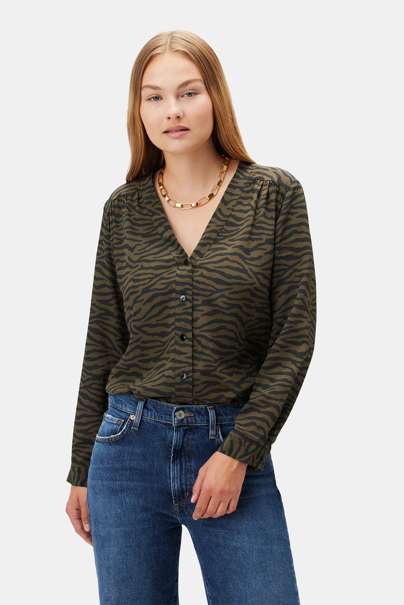 Kaya Washable Silk Blouse - Zebra Green Black 2 Kaya Washable Silk Blouse - Zebra Green Black - Image 2